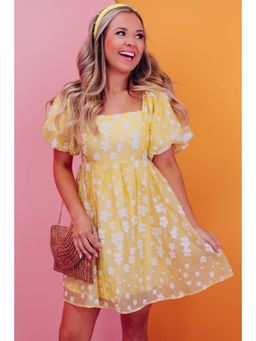PARTIQ - Yellow Boho Flower Jacquard Puff Sleeve Square Neck Mini Dress