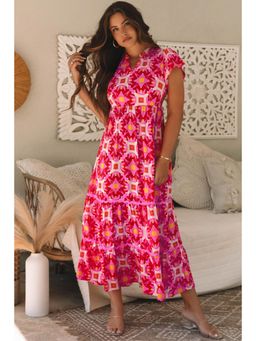 PARTIQ - Strawberry Pink Geo Print Midi Dress