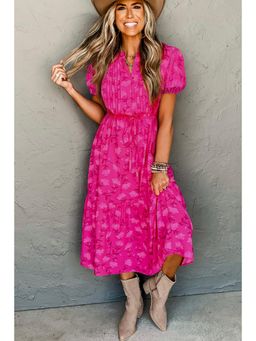 PARTIQ - Rose Pink Floral Print Pleated Flowy Midi Dress