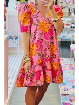 PARTIQ - Pink Floral Bubble Sleeve V Neck Ruffled Mini Dress