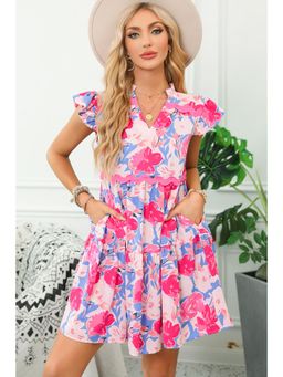 PARTIQ - Pink Floral Printed Ric Rac Flutter Sleeve Dress