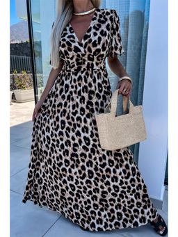 PARTIQ - Khaki Leopard V Neck Cinched High Waist Open Back Maxi Dress