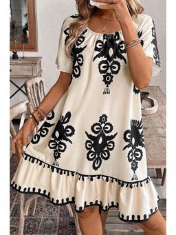 PARTIQ - Apricot Western Print Short Sleeve Loose Dress