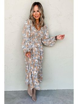 PARTIQ - Khaki Maple Grove Floral Smocked Long Puff Sleeve Dress