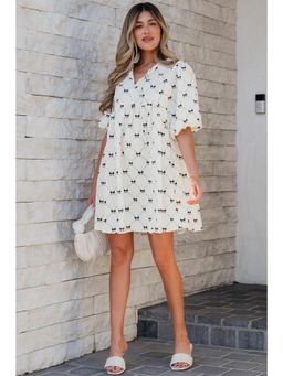 PARTIQ - White Bowtie Printed Puff Sleeve Loose Mini Dress
