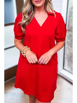 PARTIQ - Fiery Red Textured Collared Puff Short Sleeve Shift Mini Dress