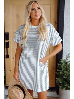 PARTIQ - White Stripes Short Sleeve Round Neck Shift Mini Dress
