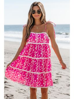 PARTIQ - Pink Floral Print Ric Rac Patched Sleeveless Mini Dress