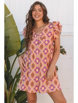 PARTIQ - Orange Geometric Floral V Neck Buttoned Ruffled Sleeve Mini Dress