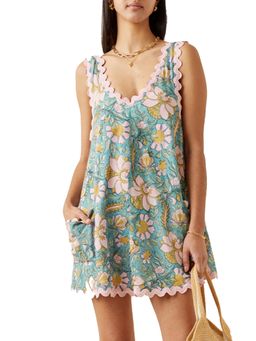 PARTIQ - Sky Blue Floral Ricrac Trim V Neck Shift Mini Dress
