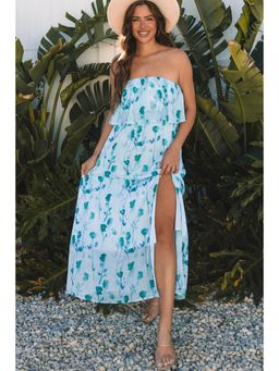 PARTIQ - Green Floral Print Ruffled Side Slit Tube Top Maxi Dress