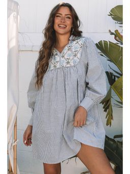 PARTIQ - Black Stripes Floral Patchwork Tied Shift Long Sleeve Mini Dress