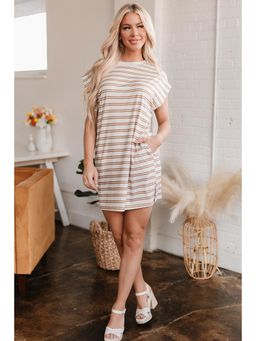 PARTIQ - Off White Stripes Round Neck Sleeveless Casual Mini Dress