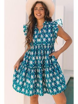PARTIQ - Blue Retro Floral Print Split Neck Ruffle Short Sleeve Dress