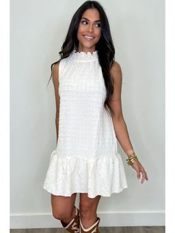 PARTIQ - White Textured Frilled High Neck Sleeveless Ruffled Mini Dress