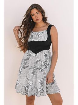 PARTIQ - Black Sleeveless Leather Bustier Patchwork Paisley Floral Chiffon Dress