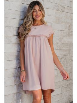 PARTIQ - Oatmeal Frilled Trim Round Neck Loose Fit Mini Dress
