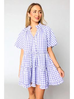 PARTIQ - Lavendula Plaid Ruffle Wide Short Sleeve Babydoll Mini Dress
