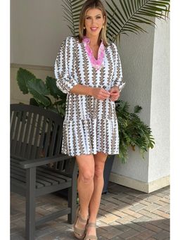 PARTIQ - White Contrast Floral Mandarin Neck Printed Dress