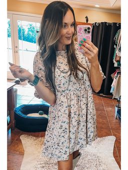 PARTIQ - Beige Floral Puff Short Sleeve Empire Waist Mini Dress