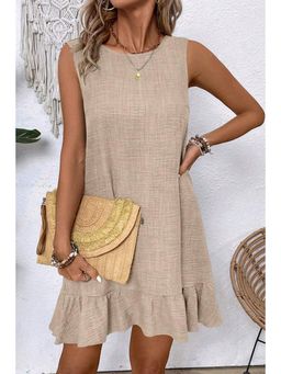 PARTIQ - Beige Knot Round Back Ruffle Hem Sleeveless Mini Dress