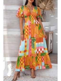 PARTIQ - Orange Floral Print Smocked Empire Waist Plunging Neck Maxi Dress