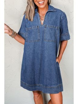 PARTIQ - Blue Short Sleeve Collared Patched Pocket Denim Mini Dress