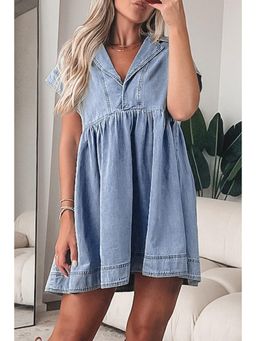 PARTIQ - Beau Blue Lapel Neck Cap Sleeve High Waist Denim Babydoll Dress