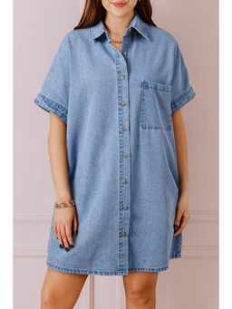 PARTIQ - Dusk Blue Short Sleeve Button up Denim Shirt Mini Dress