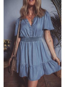 PARTIQ - Ashleigh Blue Ruffled Round Neck Smocked High Waist Denim Mini Dress