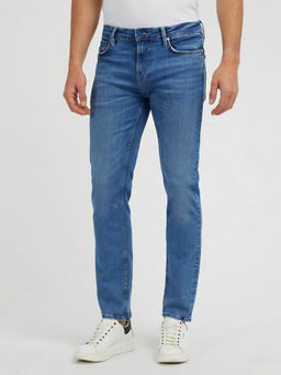 Guess - Blue Cotton Blend Solid Slim Fit Jeans