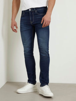 Guess - Blue Cotton Blend Solid Slim Fit Jeans