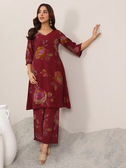 Libas - Maroon Printed Silk Blend A-Line Kurta Set for Women