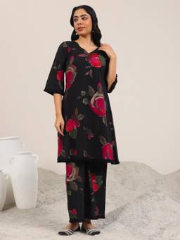 Libas - Black Printed Silk Blend A-Line Kurta Set for Women