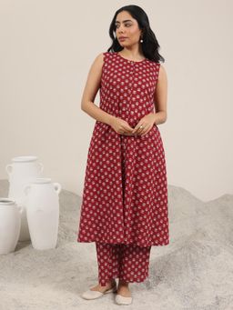 Libas - Maroon Printed Pure Cotton A-Line Kurta Set for Women
