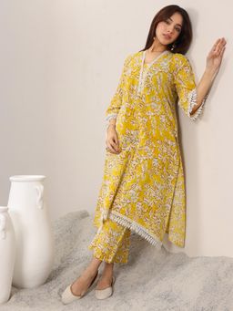 Libas - Mustard Printed Pure Cotton Straight Kurta Set for Women