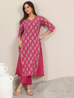 Libas - Pink Printed Pure Cotton Straight Kurta Set for Women