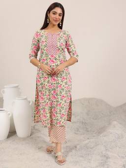 Libas - Green Printed Cotton Straight Kurta Set for Women