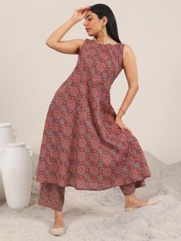Libas - Maroon Printed Cotton A-Line Kurta Set for Women