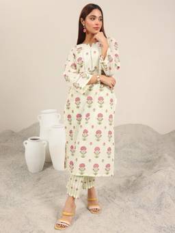 Libas - Off White Printed Cotton Straight Kurta Set for Women
