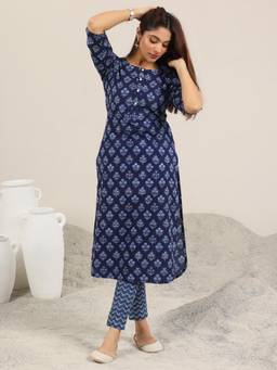 Libas - Blue Printed Cotton Straight Kurta Set for Women