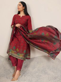 Libas - Red Floral Kurta with Salwar and Dupatta (Set of 3)