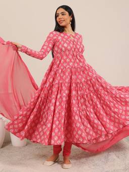 Libas - Peach Printed Cotton Anarkali Sets for Women