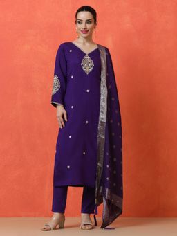 Jaipur Kurti - Purple Embroidered Kurta with Pant and Dupatta (Set of 3)