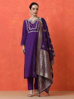 Jaipur Kurti - Purple Embroidered Kurta with Pant and Dupatta (Set of 3)