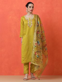 Jaipur Kurti - Mustard Floral Kurta with Pant and Dupatta (Set of 3)