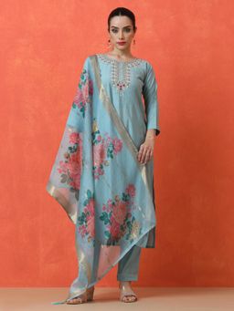 Jaipur Kurti - Blue Floral Kurta with Pant and Dupatta (Set of 3)