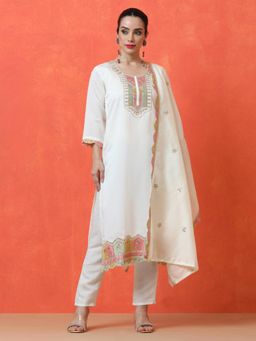Jaipur Kurti - White Floral Kurta with Pant and Dupatta (Set of 3)