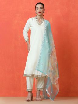 Jaipur Kurti - White Floral Kurta with Pant and Dupatta (Set of 3)