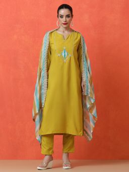 Jaipur Kurti - Yellow Embroidered Kurta with Pant and Dupatta (Set of 3)